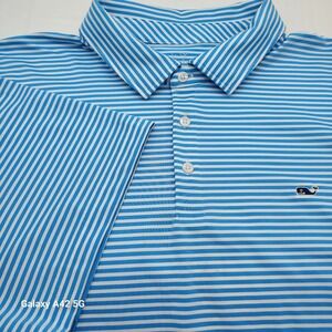 Vineyard Vines Striped Polo Shirt Men's 2XL Blue White Whale Logo Golf Casual